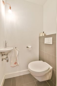 The interior of the toilet room with a hinged toilet and a small ceramic sink