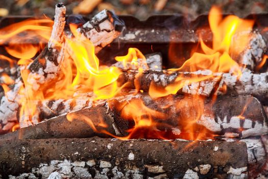 Closeup of flames burning on black background, wood fire smoke flame