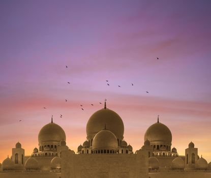 After sunset mosque. landscape with beautiful mosques and minarets. Place your text here. Ramadan kareem. High quality photo