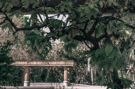 Old stone pavilion for relax area and surrounding green trees in park. Warm summer day with the background of blue sky. Selective focus.