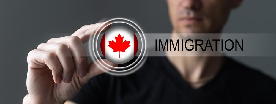 man with Canadian flag and word IMMIGRATION. virtual button.