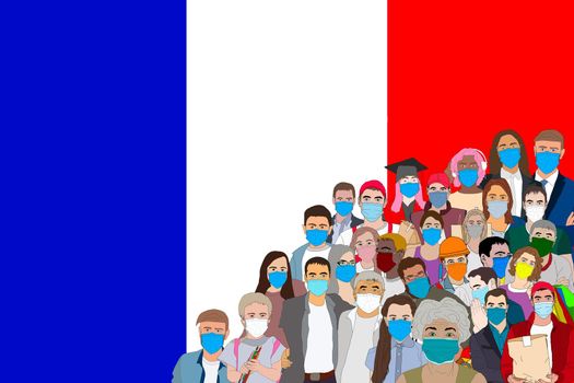 people on the background of the flag of France.