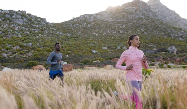 Fit african american couple in sportswear running through tall grass. healthy lifestyle, exercising in nature.