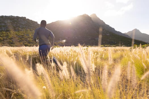 Fit african american man in sportswear running through tall grass. healthy lifestyle, exercising in nature.