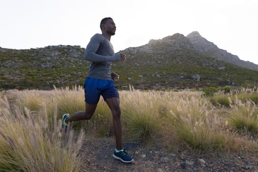 Fit african american man in sportswear running through tall grass. healthy lifestyle, exercising in nature.