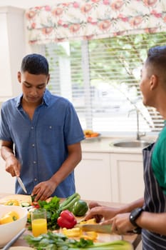 Diverse gay male couple spending time in kitchen cooking together. staying at home in isolation during quarantine lockdown.