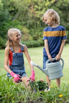 Smiling caucasian brother and sister in garden watering plants and gardening together. staying at home in isolation during quarantine lockdown.