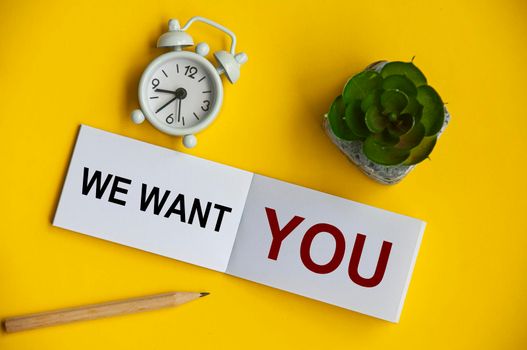 We want you text on notepad with alarm clock and plant background. Employment concept