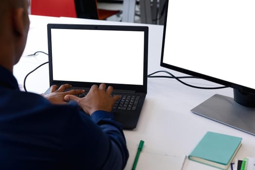 Mxed race businessman sitting using laptop and computer in a modern office. business modern office workplace technology.