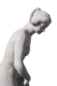 Side view of stone sculpture of naked woman on white background. art and classical style romantic figurative stone sculpture.