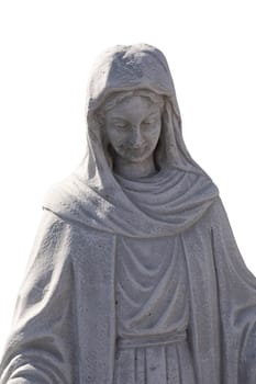 Close up of stone sculpture of virgin mary on white background. art and classical style romantic figurative stone sculpture.
