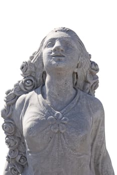 Close up of stone sculpture of woman looking up on white background. art and classical style romantic figurative stone sculpture.