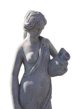Stone sculpture of woman looking down holding vase on white background. art and classical style romantic figurative stone sculpture.