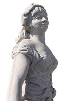 Close up of stone sculpture of woman on white background. art and classical style romantic figurative stone sculpture.