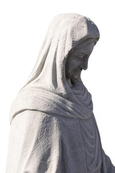 Close up side view of stone sculpture of virgin mary on white background. art and classical style romantic figurative stone sculpture.