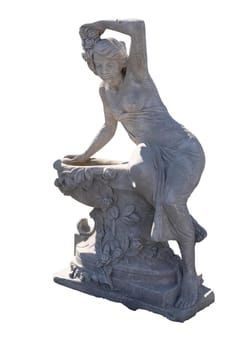 Stone sculpture of woman leaning on fountain on white background. art and classical style romantic figurative stone sculpture.