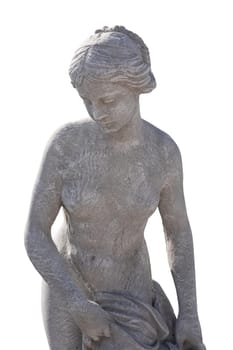 Stone sculpture of upper body of naked woman on white background. art and classical style romantic figurative stone sculpture.