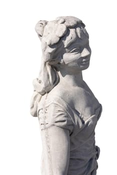 Close up of stone sculpture of woman on white background. art and classical style romantic figurative stone sculpture.