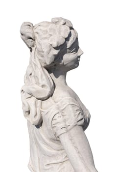 Close up side view of stone sculpture of woman on white background. art and classical style romantic figurative stone sculpture.