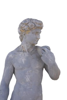 Ancient stone sculpture of naked man on white background. art and classical style romantic figurative stone sculpture.