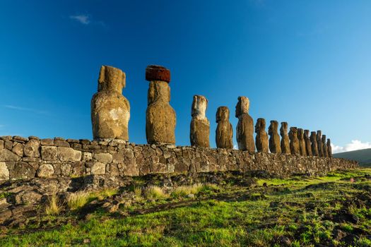 Perspective rear view of Ahu Tongariki iconic Moai statues on Rapa Nui with text space, Chile, South America