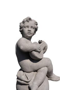 Ancient stone sculpture of naked cherub playing lute on white background. art and classical style romantic figurative stone sculpture.