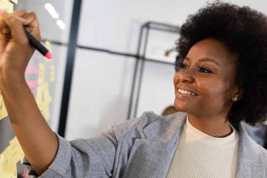 African american businesswoman writing notes on glass wall and smiling. business in a modern office.