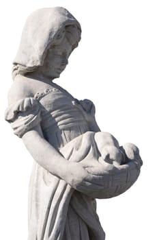 Side view of stone sculpture of girl holding puppies in basket on white background. art and classical style romantic figurative stone sculpture.