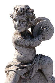 Close up of ancient stone sculpture of naked cherub playing cymbals on white background. art and classical style romantic figurative stone sculpture.