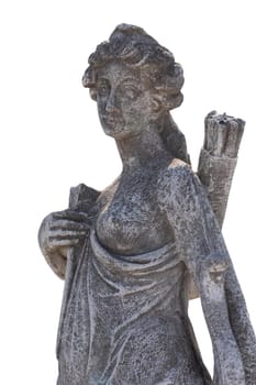 Stone sculpture of female hunter with archer's bag on white background. art and classical style romantic figurative stone sculpture.