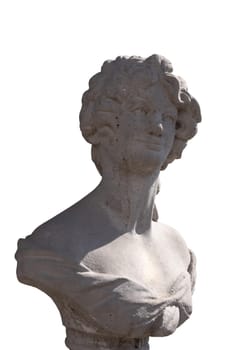 Close up of stone sculpture of woman's bust on white background. art and classical style romantic figurative stone sculpture.