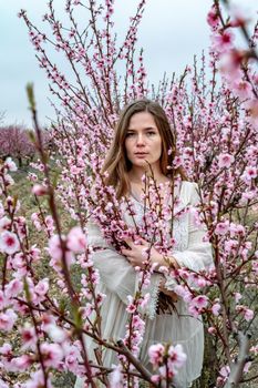 Young beautiful woman in blue dress and long hair is enjoying with blossoming peach trees.