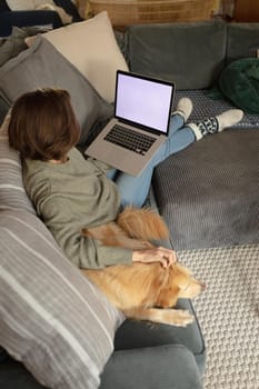 Caucasian woman in living room sitting on sofa petting her pet dog and using laptop. domestic lifestyle, enjoying leisure time at home.