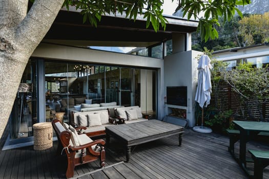 View of nice luxury terrace and garden of comfortable modern home. modern architecture and domestic interior design.