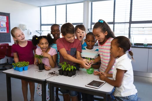 Group of diverse students transplanting and watering plant seedlings together at school. school and education concept
