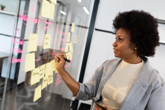 African american businesswoman writing notes on glass wall holding digital tablet. business in a modern office.