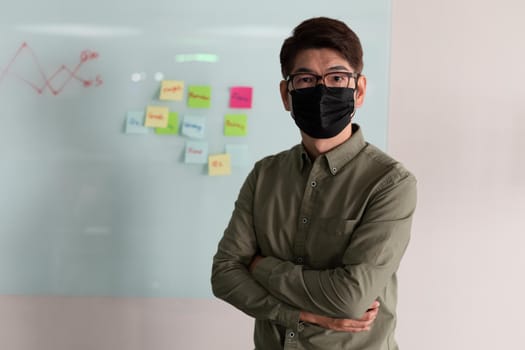Portrait of asian businessman wearing face mask standing in meeting room looking to camera. working in business at a modern office during coronavirus covid 19 pandemic.
