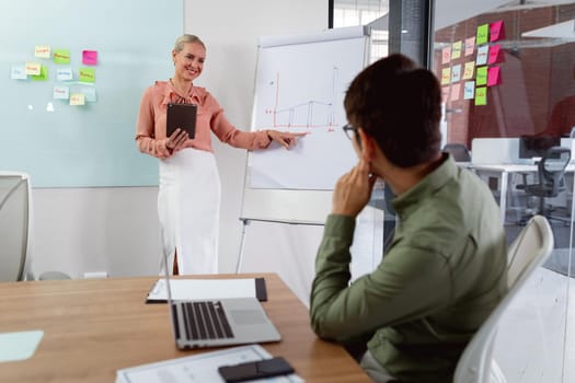 Diverse male and female colleague having meeting, woman talking and man sitting at table with laptop. working in business at a modern office.