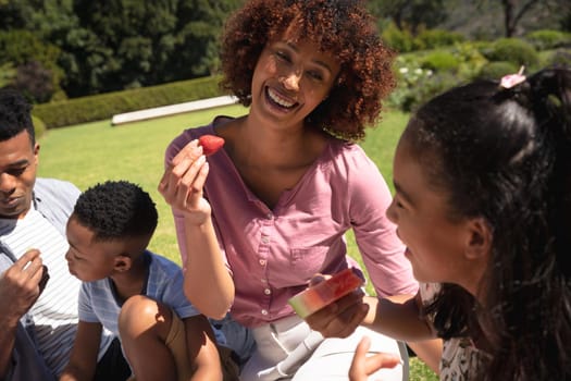 Happy african american couple with son and daughter outdoors, having picnic in sunny garden. family enjoying quality free time together.