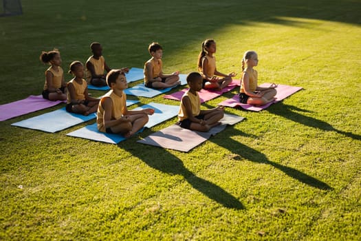 Group of diverse students practicing yoga and meditating sitting on yoga mats in garden at school. school and education concept