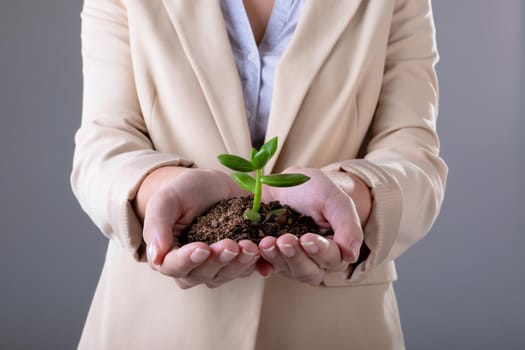 Midsection of caucasian businesswoman holding plant seedling, isolated on grey background. business technology, communication and growth concept.
