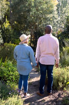Back view of happy african american senior couple holding hands outdoors. retirement lifestyle, spending time at home and garden.