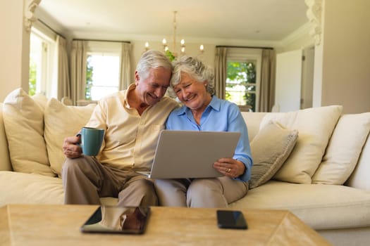 Senior caucasian couple sitting on sofa using laptop. retreat, retirement and happy senior lifestyle concept.