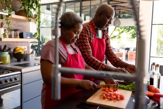 African american senior couple cooking together in kitchen. retirement lifestyle, leisure and spending time at home.