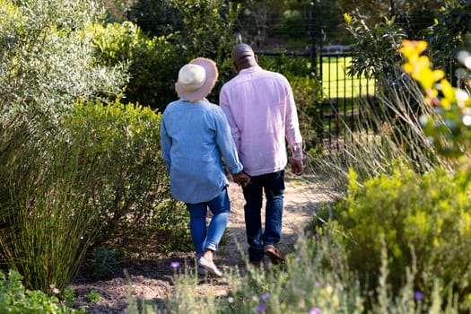 Back view of happy african american senior couple holding hands outdoors. retirement lifestyle, spending time at home and garden.
