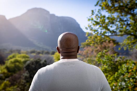 Back view of african american senior man looking into distance. retirement lifestyle, spending time at home and garden.