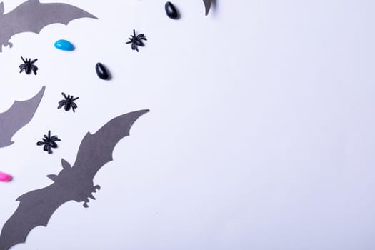 Composition of halloween decorations with spiders, bats and sweets on white background. halloween tradition and celebration concept.