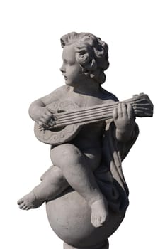 Ancient stone sculpture of naked cherub playing lute on white background. art and classical style romantic figurative stone sculpture.