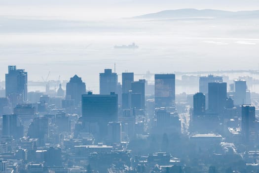 General view of cityscape with multiple modern buildings and skyscrapers in the foggy morning. skyline and urban architecture.
