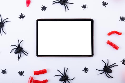 Composition of halloween spiders and sweets and tablet with copy space on white background. halloween tradition and celebration concept.